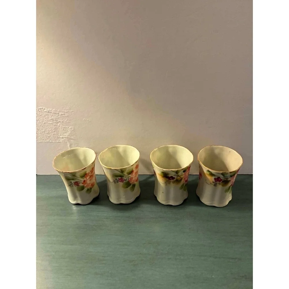 Vintage Porcelain Demitasse Cups Set of 4 Pink Floral Gold Trim Tea EspressoCups